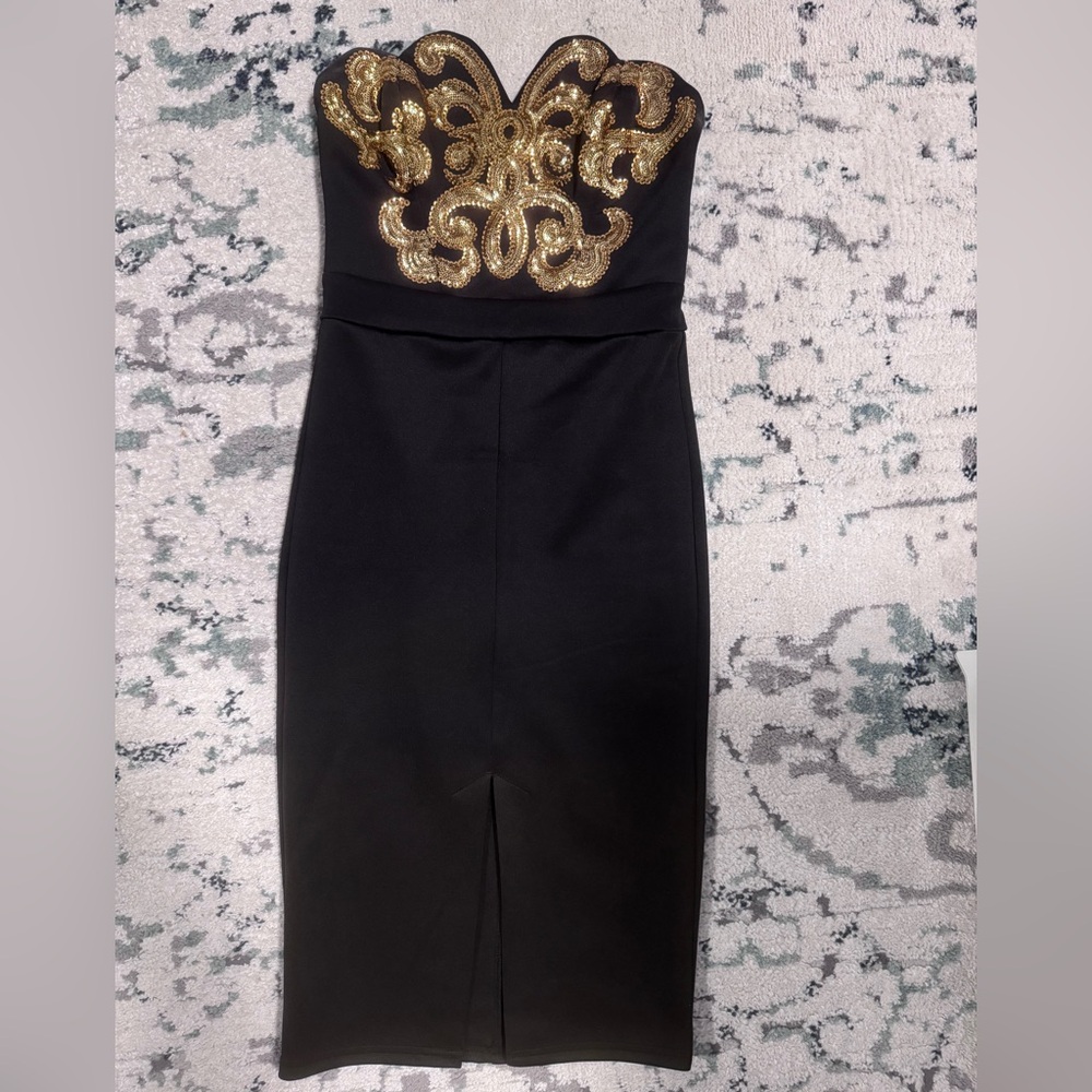 Lipsy Strapless Black Dress with Gold Detailing